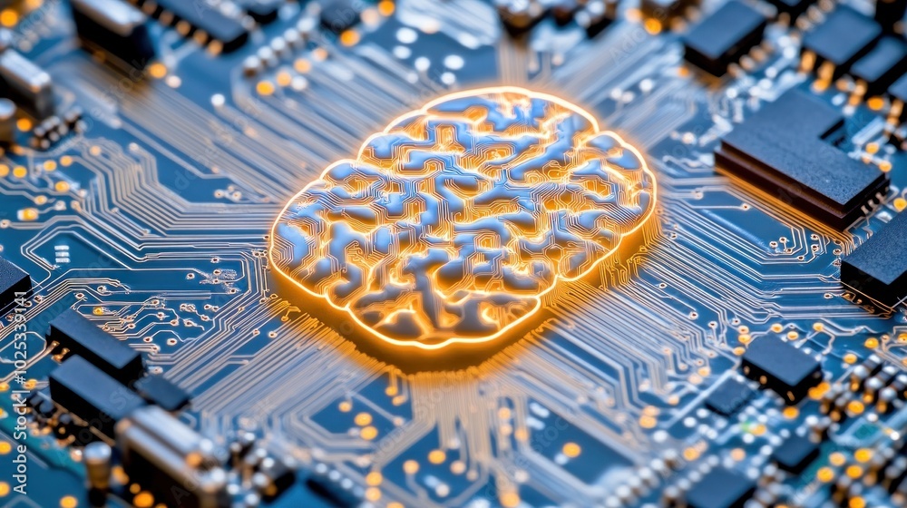Poster a glowing brain shape on a circuit board