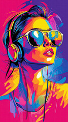 A colorful 2d illustration of a young Asian woman with headphones and sunglasses with a pink, purple and blue background. Vertical layout.	