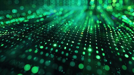 Abstract Digital Data Pattern with Green Lights and Binary Code