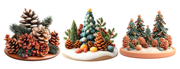 Festive Holiday Decorations with Pine Cones and Trees