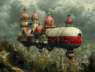 Obraz premium Steampunk Airship Castle Flying Over Fantasy Cityscape