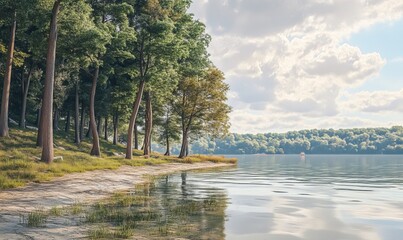 Landscape of lake shoreline with trees to shallow water