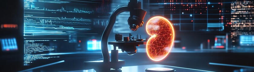 Advanced laboratory setting with a high-tech microscope analyzing a kidney model, highlighting medical research technology and innovation.