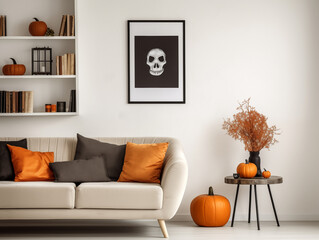 Scandinavian scandi modern minimalist cozy living room interior with fall and halloween decor. neutral couch with orange pillows. Pumpkin decor