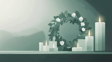 Memorial wreath with candles, minimalist remembrance design on soft green background