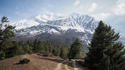 The landscape on the Annapurna Circuit hiking route in Nepal