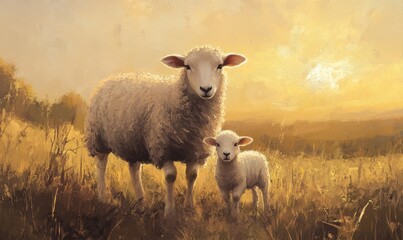 Obraz premium Portrait sheep and lamb grazing in rural field