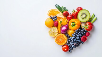 Idea of fruits and veggies Heart-shaped fruits and veggies on a white backdrop. 
