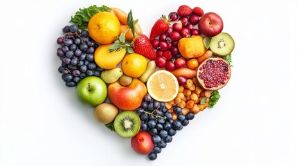 Idea of fruits and veggies Heart-shaped fruits and veggies on a white backdrop. 