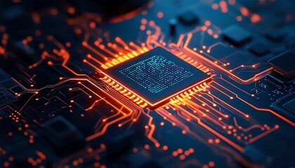 Close-up view of a glowing computer microchip on a circuit board, showcasing intricate electronic connections and vibrant technology design.