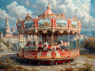 Obraz premium Vintage Carousel in a Dreamlike Cityscape