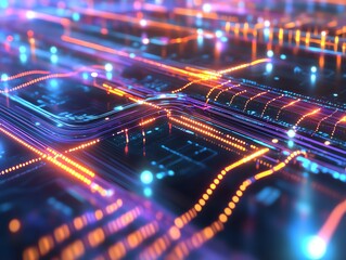 Futuristic circuit board with glowing pathways, showcasing advanced technology and innovation in a vibrant digital landscape.