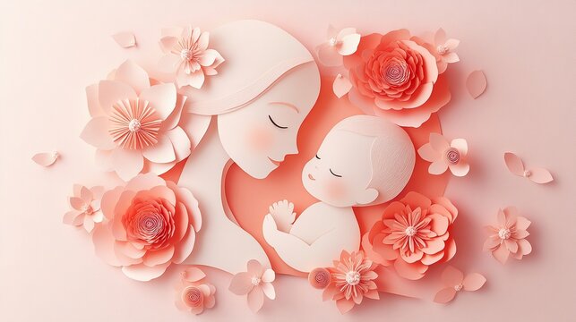Stunning Mother's Day card made of paper art. Mom and child on a soft pink floral backdrop.