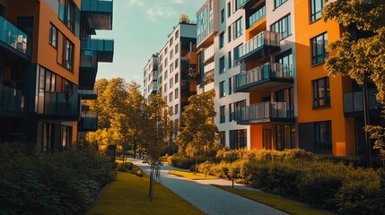Contemporary apartment building in a green space. apartment building with flat buildings on the outside. elegant residential complex. Condo architecture, a portion of city real estate. 
