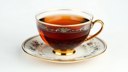 For breakfast or dinner, a white background displays a cup of tea.