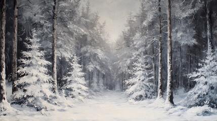 Obraz premium A Snow-Covered Path Through a Dense Forest