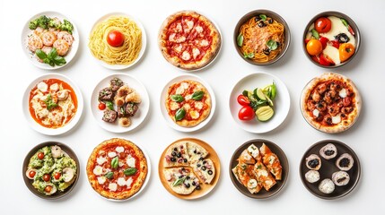 Various delectable meals arranged, fast food plates in top view isolated on a white backdrop. assortment of meals with a top view. pizza, spaghetti, lasagna, buns, grilled chicken, and ice cream. 