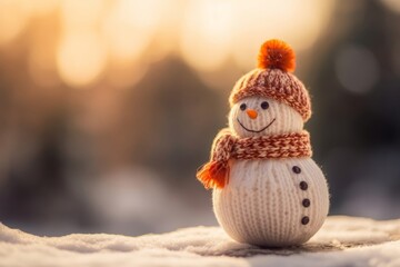 Obraz premium Christmas winter background with snowman on snowy bokeh landscape