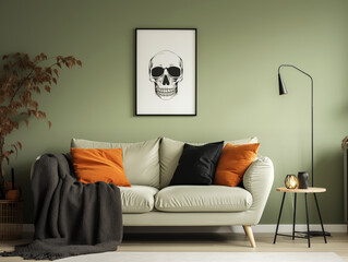 Scandinavian scandi modern minimalist cozy living room interior with fall and halloween decor. Sage couch with orange pillows. Pumpkin decor