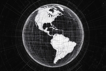 Naklejka premium A digital wireframe globe highlighting North and South America in a grid design against a black background 