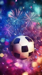 Fototapeta premium A soccer ball is surrounded by fireworks and sparks