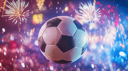 Fototapeta premium A soccer ball is in the air with fireworks in the background