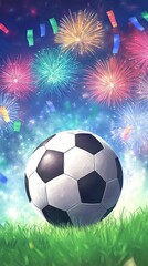 Naklejka premium A soccer ball is surrounded by fireworks and is the center of attention