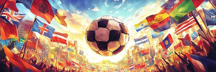 A soccer ball is surrounded by flags from around the world