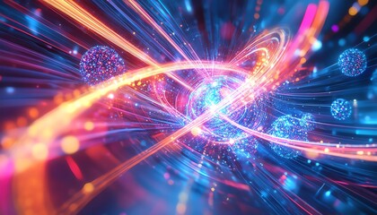Naklejka premium Vibrant abstract representation of atomic energy with glowing particles and dynamic light trails, showcasing motion in a quantum world.