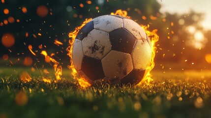 Naklejka premium A soccer ball is on fire and surrounded by grass
