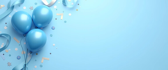  Blue and white balloons set on a blue background, creating a festive atmosphere for a birthday card, generative ai