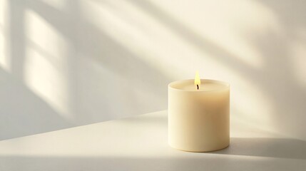 A single white candle burns brightly on a white surface, bathed in warm sunlight streaming through a window, casting long shadows on the wall. Generative ai