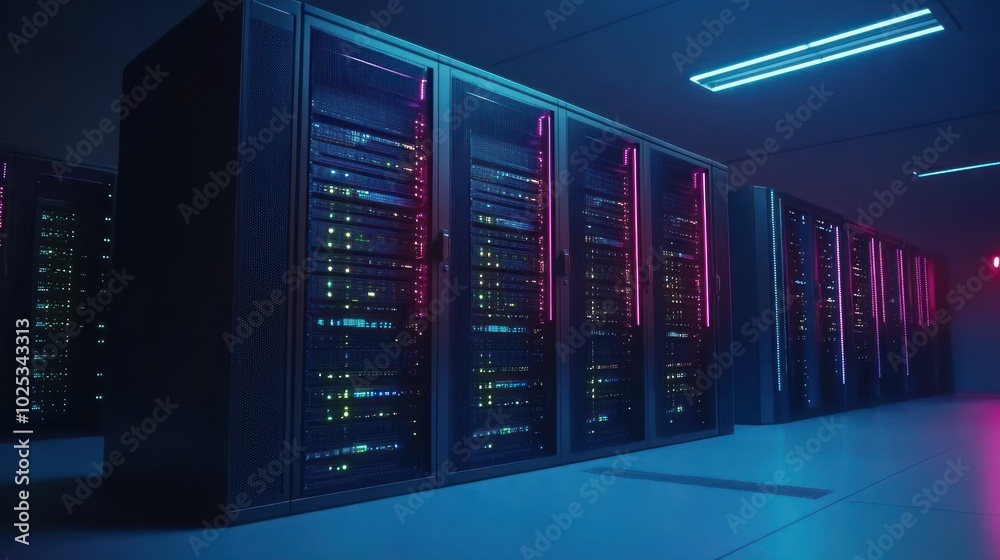 Poster Rows of Server Racks in a Modern Data Center with Neon Lighting