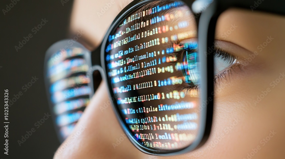 Poster a close-up of a person's eye reflecting computer code through glasses