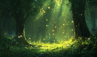 Fototapeta premium Green forest with magical light