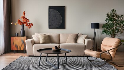 Minimalist Living Room with Beige and Black Color Palette