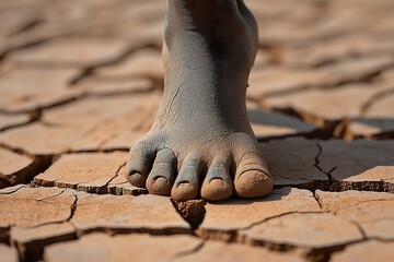 A bare foot steps onto cracked earth in a parched landscape during a severe drought