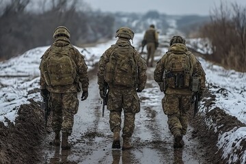 Naklejka premium Soldiers walking through muddy terrain in a winter landscape