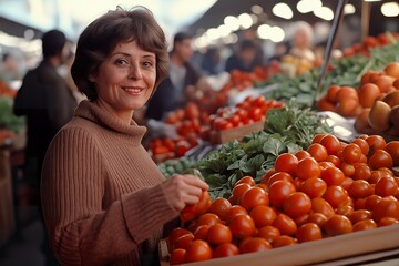 A woman smiles while selecting fresh tomatoes at a bustling market in the morning light