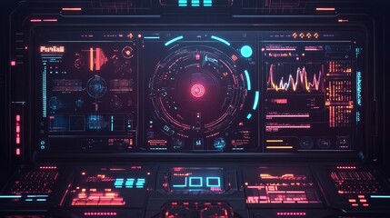 Fototapeta premium A cyberpunk gaming HUD background featuring a modern, futuristic 3D design. It includes a vibrant neon interface, showcasing advanced technology and visual elements. 3D illustration.