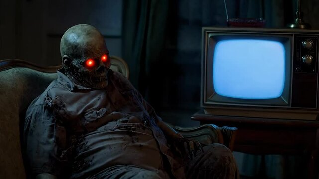 Overweight undead zombie male with red glowing eyes falling asleep on his sofa in the living room next to an old box television with white static noise and no signal on screen.