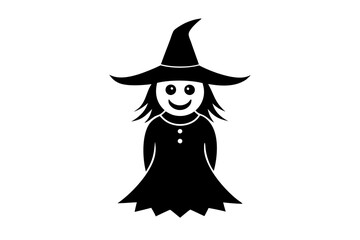 Black silhouette of witch in hat and costume flying on broomstick isolated on transparent background. Halloween celebration vector illustration, icon, retro vintage clip art for design.