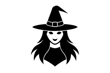 Black silhouette of witch in hat and costume flying on broomstick isolated on transparent background. Halloween celebration vector illustration, icon, retro vintage clip art for design.