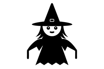Black silhouette of witch in hat and costume flying on broomstick isolated on transparent background. Halloween celebration vector illustration, icon, retro vintage clip art for design.