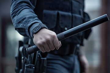 Policeman holding a black baton during a routine patrol in an urban environment at dusk, prepared for any situation that may arise