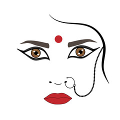 Close-up of beautiful Indian girl with makeup and bindi. Traditional jewelry nath, nose pin