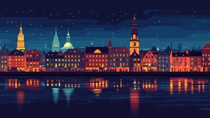 Obraz premium Copenhagen city skyline depicted in a flat vector style, showcasing iconic landmarks of Denmark's capital. This travel-themed illustration features an outline design with recognizable world icons.