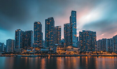 Modern city with skyscrapers and residential buildings at evening