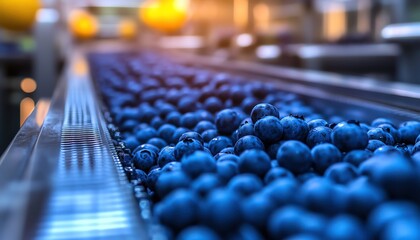 Fototapeta premium Fresh blueberries moving along conveyor belts in a factory, shining under industrial lighting, clean and vibrant