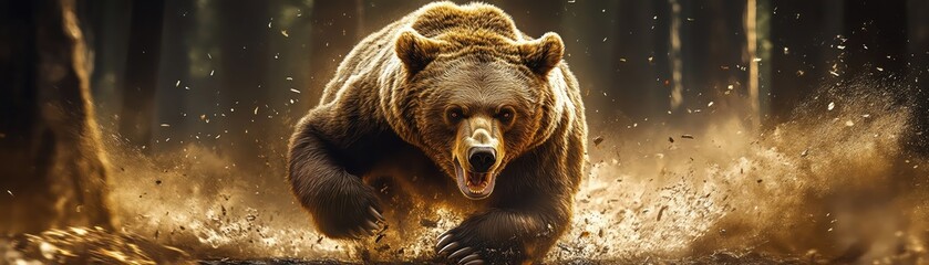 Obraz premium Grizzly bear charging through a forest path, roaring, trees blurred in the background